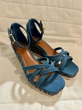 Vince Camuto Denim Blue Crisscross Espadrille Wedge Sandals